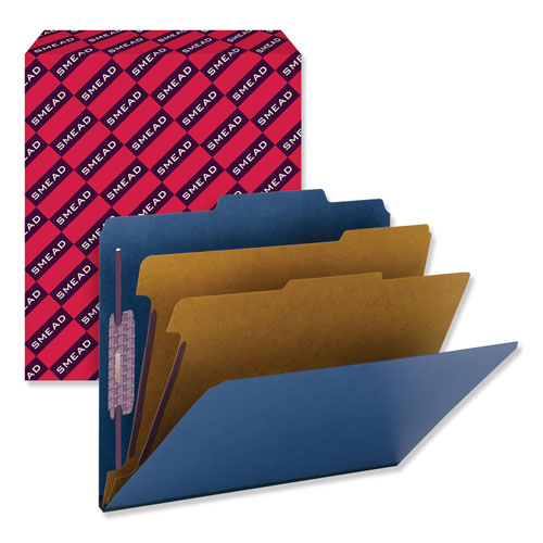 Smead™ Six-Section Pressboard Top Tab Classification Folders, Six Safeshield Fasteners, 2 Dividers, Letter Size, Dark Blue, 10/Box