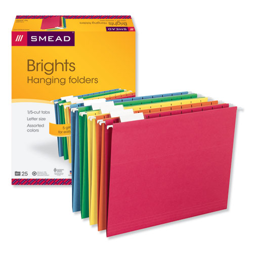 Colored Hanging File Folders, Letter Size, 1/5-Cut Tab, Assorted, 25/Box