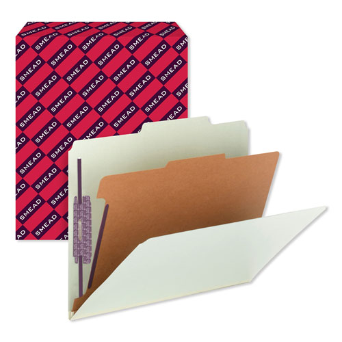 Smead™ Pressboard Classification Folders, Four Safeshield Fasteners, 2/5-Cut Tabs, 1 Divider, Letter Size, Gray-Green, 10/Box