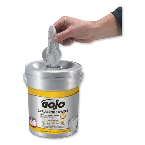 Image of Gojo® Scrubbing Towels, Hand Cleaning, 2-Ply, 10.5 X 12, Fresh Citrus, Silver/Yellow, 72/Bucket