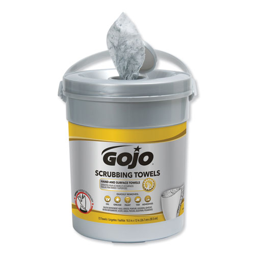 Image of Gojo® Scrubbing Towels, Hand Cleaning, 2-Ply, 10.5 X 12, Fresh Citrus, Silver/Yellow, 72/Bucket