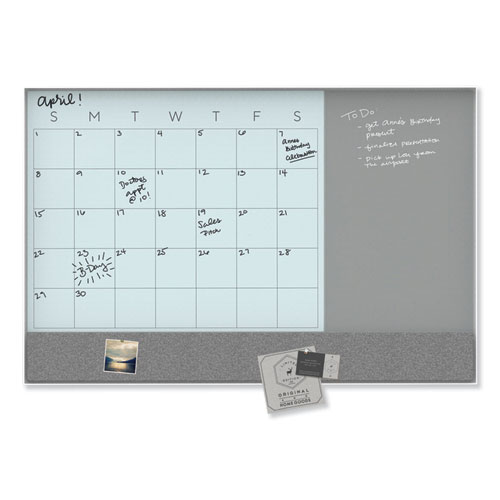 Image of U Brands 3N1 Magnetic Glass Dry Erase Combo Board, 47 X 35, Month View, Gray/White Surface, White Aluminum Frame