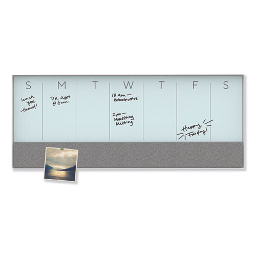 Image of U Brands 3N1 Magnetic Glass Dry Erase Combo Board, Weekly Calendar, 36 X 15.25, Gray/White Surface, White Aluminum Frame