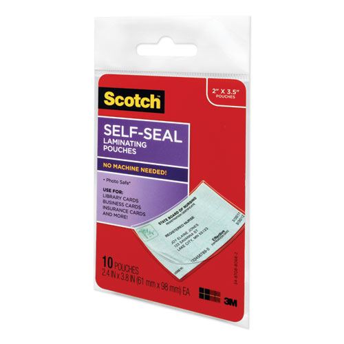 Image of Scotch™ Self-Sealing Laminating Pouches, 9 Mil, 3.8" X 2.4", Gloss Clear, 10/Pack