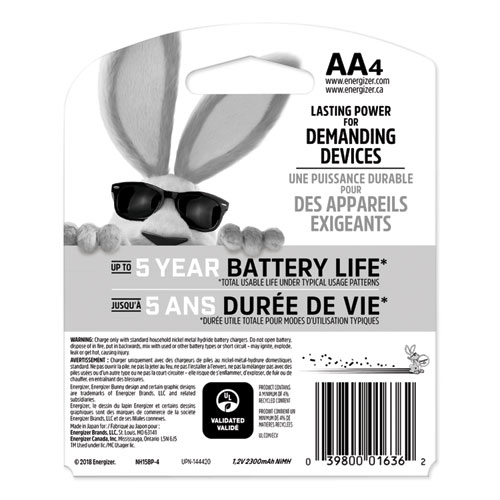 NiMH Rechargeable AA Batteries, 1.2 V, 4/Pack