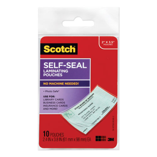 Scotch™ Self-Sealing Laminating Pouches, 9 mil, 3.8" x 2.4", Gloss Clear, 10/Pack