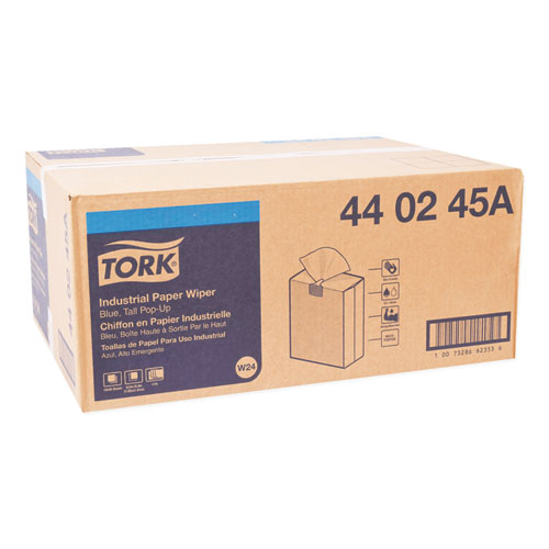 Image of Tork® Industrial Paper Wiper, 4-Ply, 8.54 X 16.5, Unscented, Blue, 90 Towels/Box, 10 Boxes/Carton