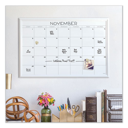 Image of U Brands Magnetic Dry Erase Calendar With Decor Frame, One Month, 30 X 20, White Surface, White Wood Frame