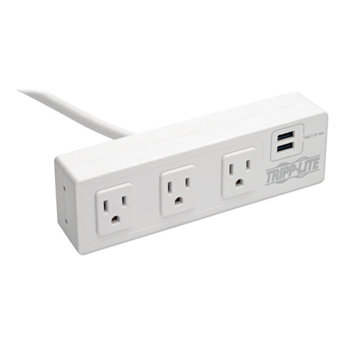 Surge Protector, 3 AC Outlets/2 USB Ports, 10 ft Cord, 510 J, White