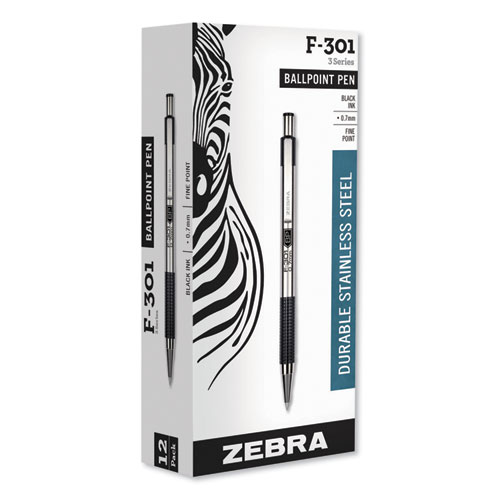 Zebra® F-301 Ballpoint Pen, Retractable, Fine 0.7 mm, Black Ink, Stainless Steel/Black Barrel