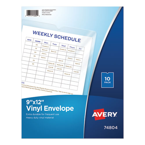 Avery® Top-Load Clear Vinyl Envelopes W/Thumb Notch, 9" X 12", Clear, 10/Pack