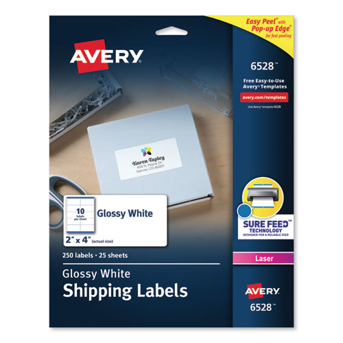 Glossy White Easy Peel Mailing Labels w/ Sure Feed Technology, Laser Printers, 2 x 4, White, 10/Sheet, 25 Sheets/Pack