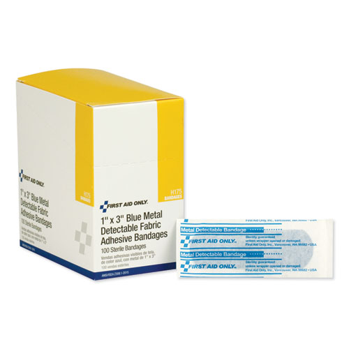 Image of First Aid Only™ Adhesive Blue Metal Detectable Bandages, 1 X 3, Plastic With Foil, 100/Box, 12 Boxes/Carton