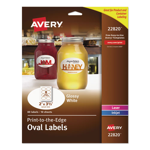 Avery® Oval Labels w/ Sure Feed and Easy Peel, 2 x 3.33, Glossy White, 80/Pack