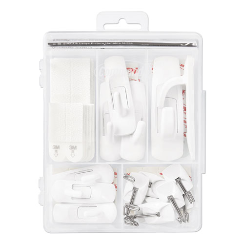 Image of General Purpose Hooks, Variety Pack, Assorted Sizes, Plastic, White, 0.5, 1, 3, 5, 16 lb Capacities, 54 Pieces/Pack