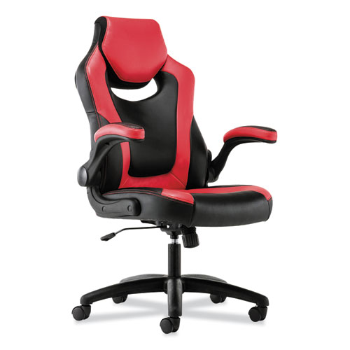 9-TWELVE HIGH-BACK RACING STYLE CHAIR WITH FLIP-UP ARMS, SUPPORTS UP TO 225 LBS., BLACK SEAT/RED BACK, BLACK BASE