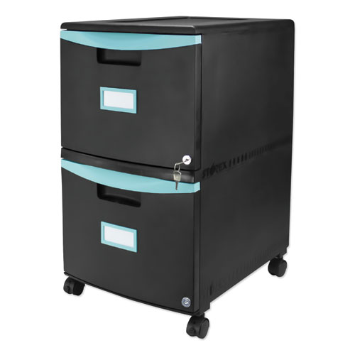 Image of Storex Two-Drawer Mobile Filing Cabinet, 2 Legal/Letter-Size File Drawers, Black/Teal, 14.75" X 18.25" X 26"