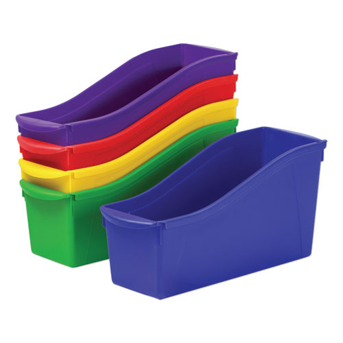Image of Interlocking Book Bins with Clear Label Pouches, 4.75" x 12.63" x 7", Assorted Colors, 5/Pack