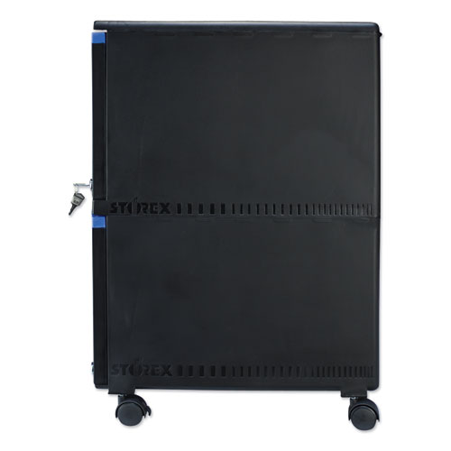 Image of Storex Two-Drawer Mobile Filing Cabinet, 2 Legal/Letter-Size File Drawers, Black/Blue, 14.75" X 18.25" X 26"