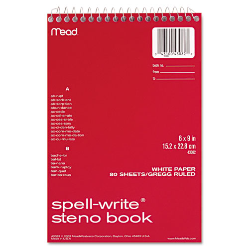 Mead® Spell-Write Wirebound Steno Pad, Gregg Rule, Randomly Assorted Cover Colors, 80 White 6 X 9 Sheets