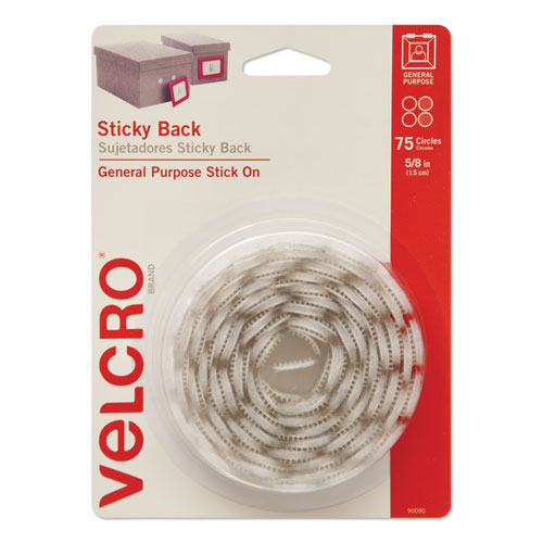 Sticky-Back Fasteners, Removable Adhesive, 0.63 dia, White, 75/Pack