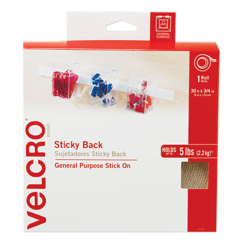 VELCRO® Brand Sticky-Back Fasteners with Dispenser Box, Removable Adhesive, 0.75" dia, Beige, 200/Roll