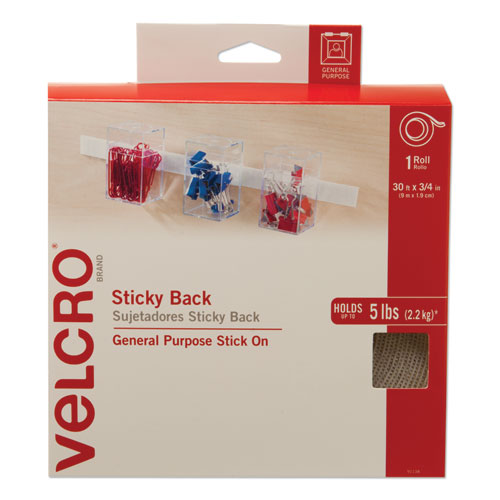 VELCRO® Brand Sticky-Back Fasteners, Removable Adhesive, 0.75" x 30 ft, White
