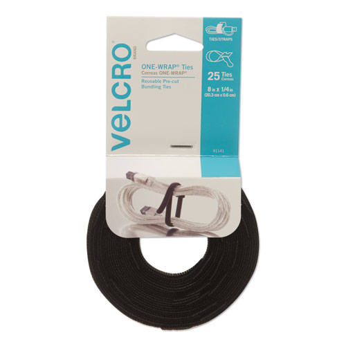 VELCRO® Brand ONE-WRAP Pre-Cut Thin Ties, 0.25" x 8", Black, 25/Pack