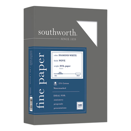 Southworth® 25% Cotton Diamond White Business Paper, 95 Bright, 20 Lb Bond Weight, 8.5 X 11, 500/Ream