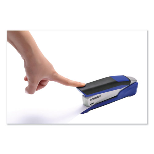 Image of InPower Spring-Powered Desktop Stapler with Antimicrobial Protection, 28-Sheet Capacity, Blue/Silver