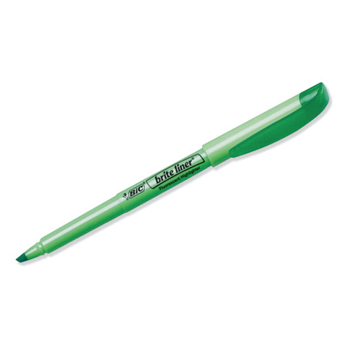 Image of Bic® Brite Liner Highlighter, Fluorescent Green Ink, Chisel Tip, Green/Black Barrel, Dozen