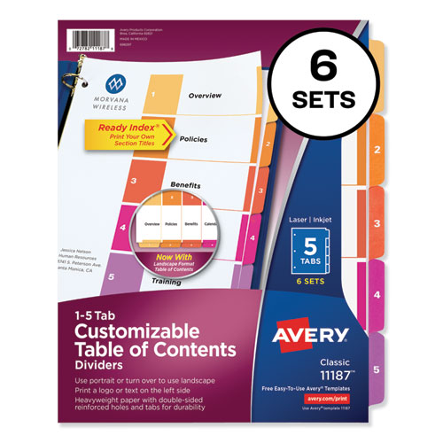 CUSTOMIZABLE TOC READY INDEX MULTICOLOR DIVIDERS, 5-TAB, LETTER, 6 SETS