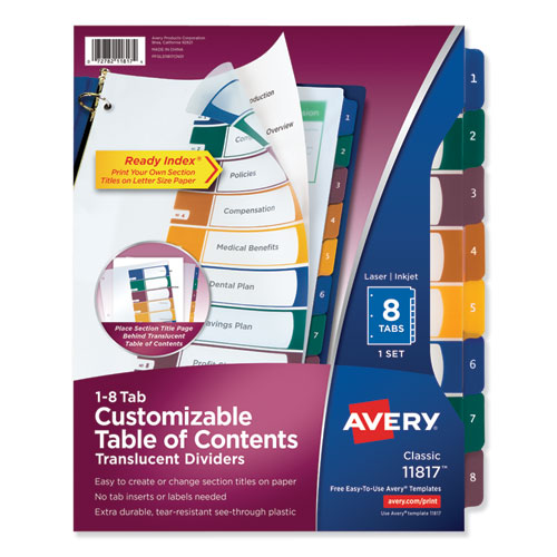 Customizable Table of Contents Ready Index Dividers with Multicolor Tabs, 8-Tab, 1 to 8, 11 x 8.5, Translucent, 1 Set
