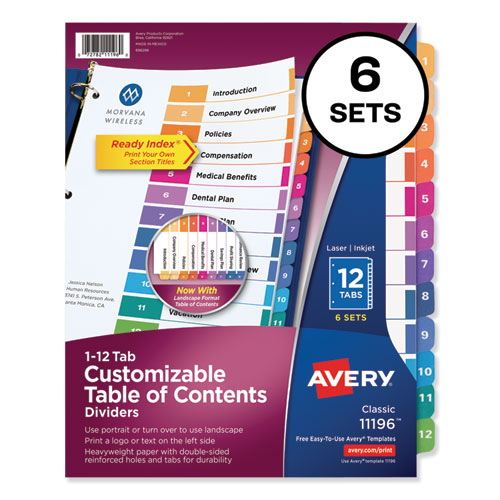 CUSTOMIZABLE TOC READY INDEX MULTICOLOR DIVIDERS, 12-TAB, LETTER, 6 SETS