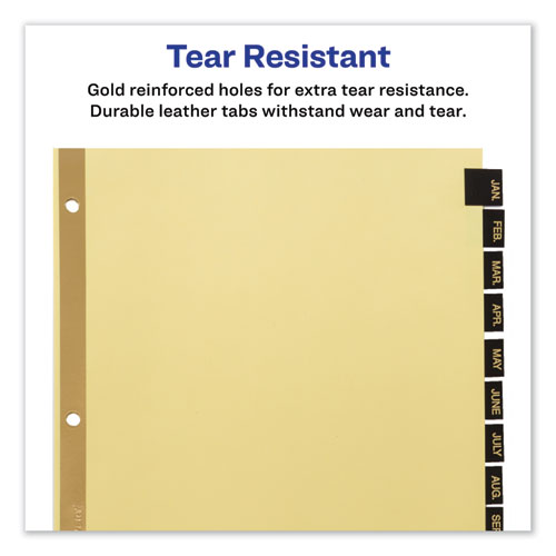 Image of Preprinted Black Leather Tab Dividers w/Gold Reinforced Edge, 12-Tab, Jan. to Dec., 11 x 8.5, Buff, 1 Set