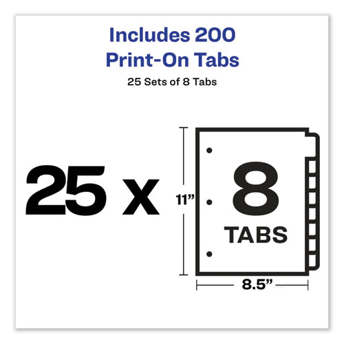 Customizable Print-On Dividers, 3-Hole Punched, 8-Tab, 11 x 8.5, White, 25 Sets