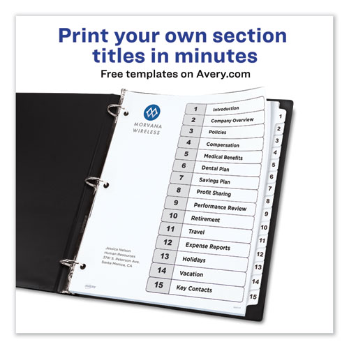 Customizable TOC Ready Index Black and White Dividers, 15-Tab, Letter