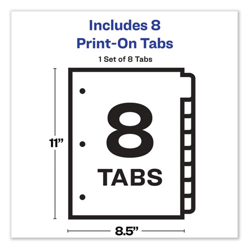 Customizable Print-On Dividers, 3-Hole Punched, 8-Tab, 11 x 8.5, White, 1 Set