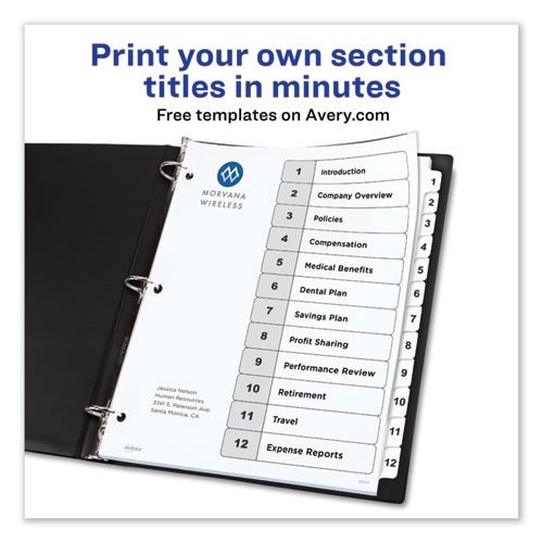 CUSTOMIZABLE TOC READY INDEX BLACK AND WHITE DIVIDERS, 12-TAB, LETTER
