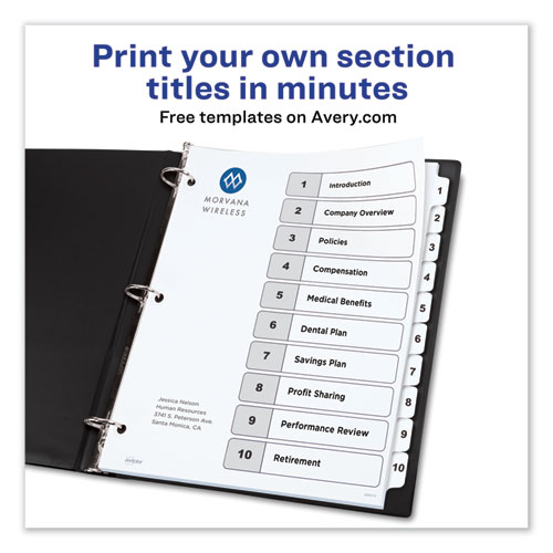 CUSTOMIZABLE TOC READY INDEX BLACK AND WHITE DIVIDERS, 10-TAB, LETTER
