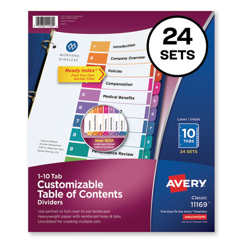 CUSTOMIZABLE TOC READY INDEX MULTICOLOR DIVIDERS, 10-TAB, LETTER, 24 SETS