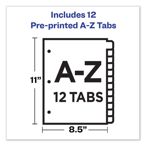 Durable Preprinted Plastic Tab Dividers, 12-Tab, A to Z, 11 x 8.5, Assorted, 1 Set