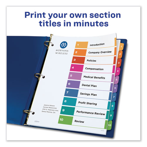 Image of Customizable TOC Ready Index Multicolor Tab Dividers, 10-Tab, 1 to 10, 11 x 8.5, White, Traditional Color Tabs, 1 Set