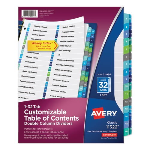 CUSTOMIZABLE TOC READY INDEX DOUBLE COLUMN MULTICOLOR DIVIDERS, 32-TAB, LETTER