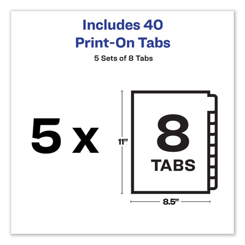 Customizable Print-On Dividers, Unpunched, 8-Tab, 11 x 8.5, White, 5 Sets