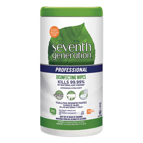 Seventh Generation® Professional Disinfecting Multi-Surface Wipes, 8 x 7, Lemongrass Citrus, White, 70/Canister, 6 Canisters/Carton