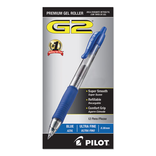 G2 Premium Retractable Gel Pen, 0.38mm, Blue Ink, Clear/Blue Barrel, Dozen