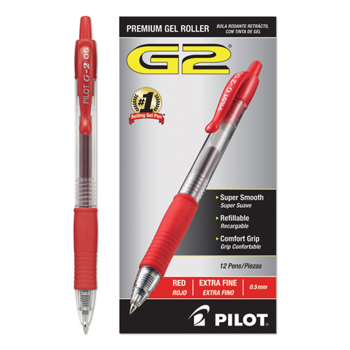 Image of Pilot® G2 Premium Gel Pen, Retractable, Extra-Fine 0.5 Mm, Red Ink, Smoke Barrel, Dozen