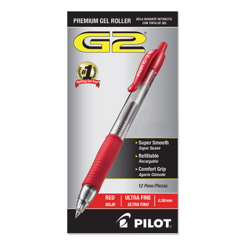 G2 Premium Retractable Gel Pen, Ultra-Fine 0.38mm, Red Ink, Clear/Red Barrel