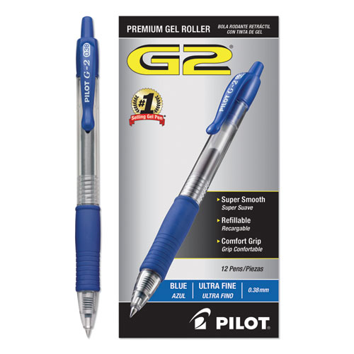G2 PREMIUM RETRACTABLE GEL PEN, 0.38 MM, BLUE INK, CLEAR/BLUE BARREL, DOZEN